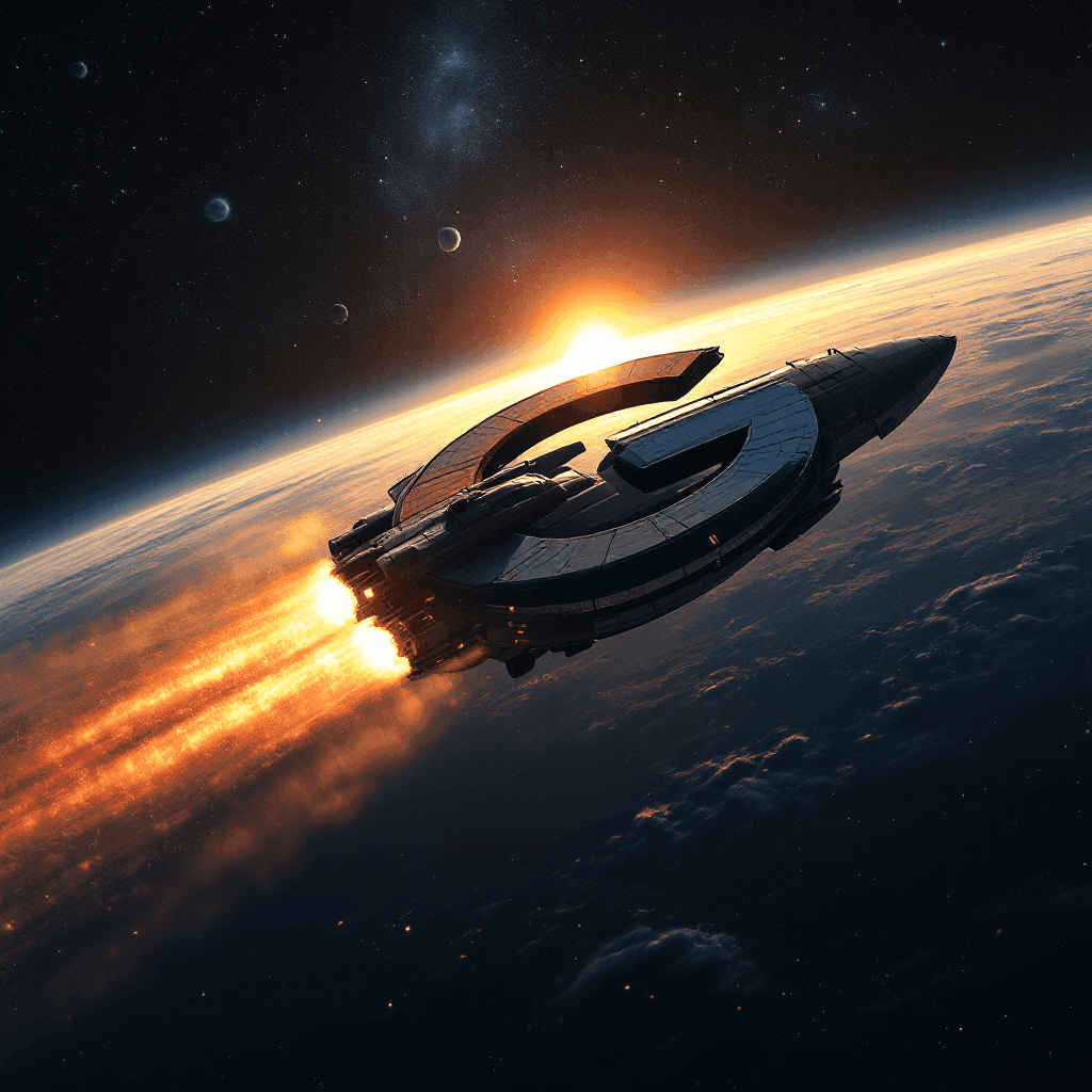 Futuristic spaceship flying above Earth's atmosphere with planets in the background, illuminated by the sunset.